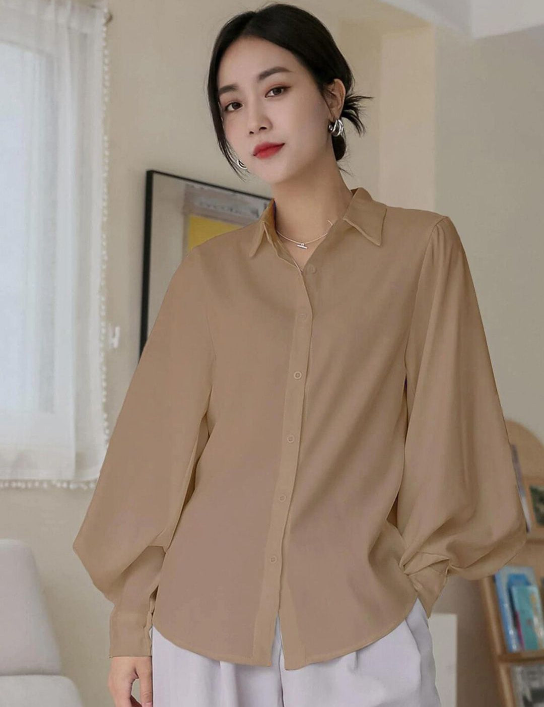 Kotty Beige Modern Spread Collar Casual Shirt
