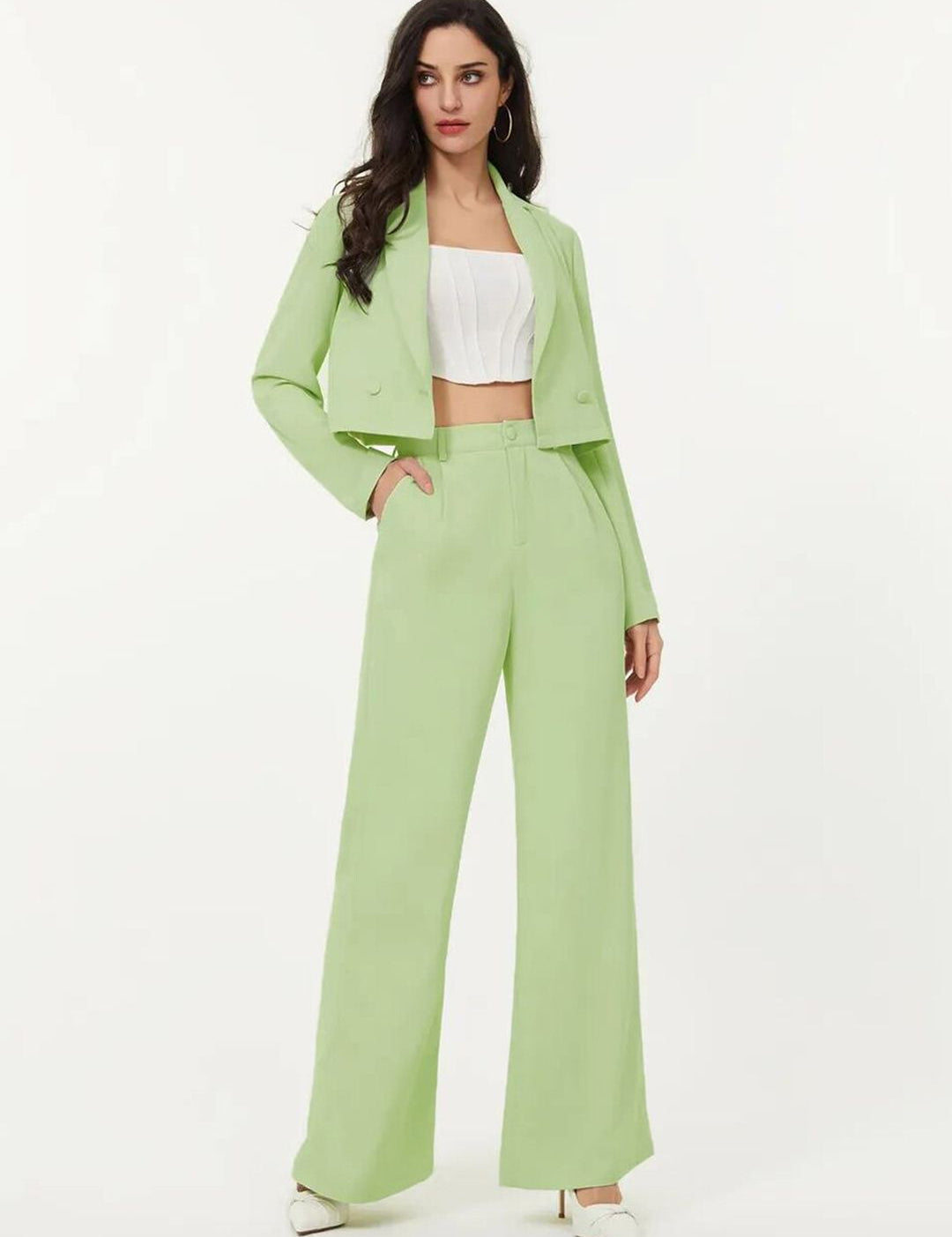 KOTTY BIZwear Women Solid Green Shirt Collar Blazer & Flared Trouser Co-Ords