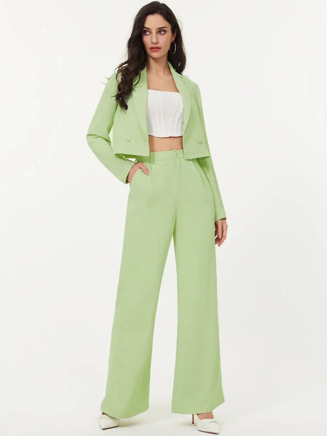 KOTTY BIZwear Women Solid Green Shirt Collar Blazer & Flared Trouser Co-Ords