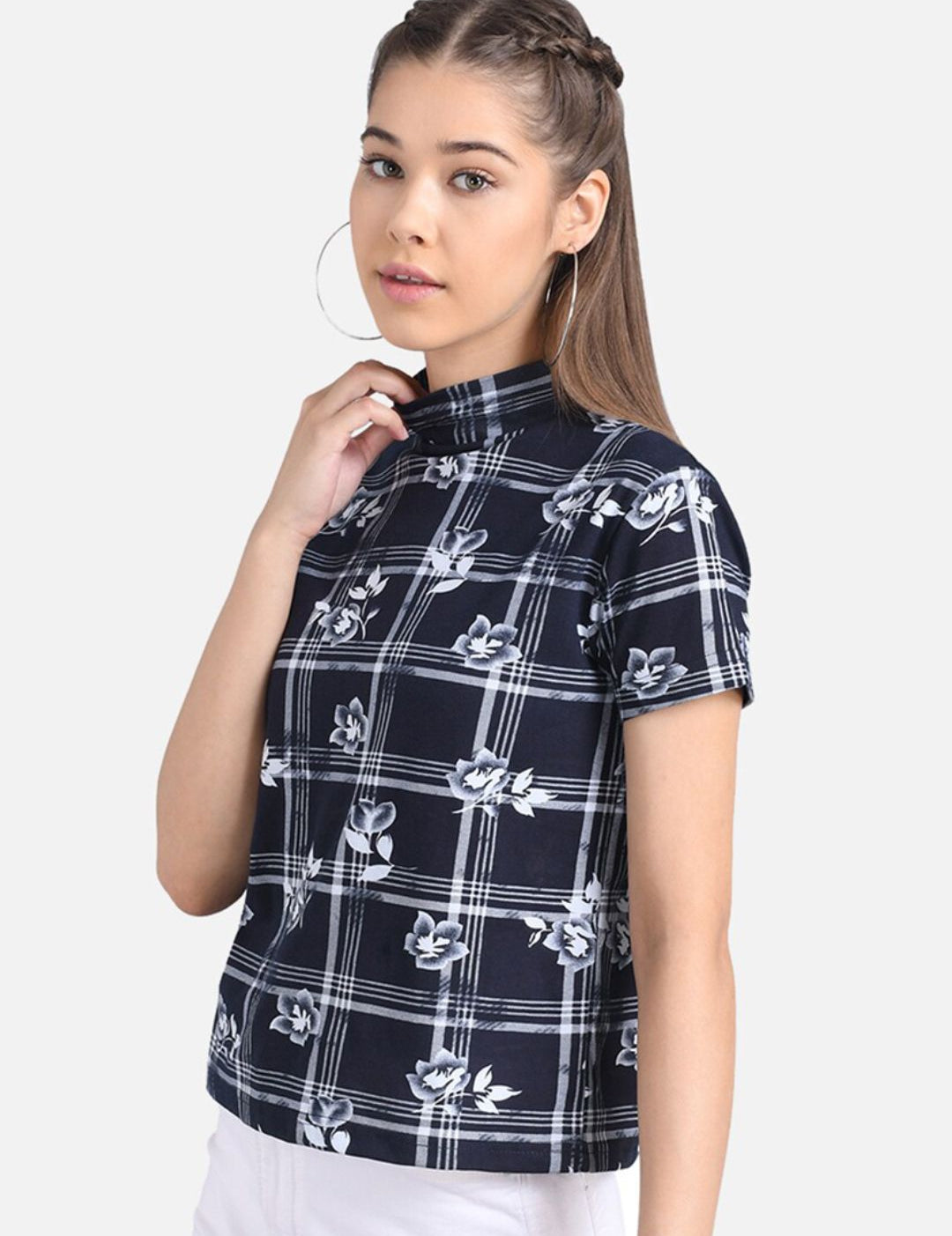 Kotty Women Navy Blue & White Floral Checked Pure Cotton Top