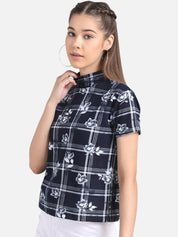 Kotty Women Navy Blue & White Floral Checked Pure Cotton Top