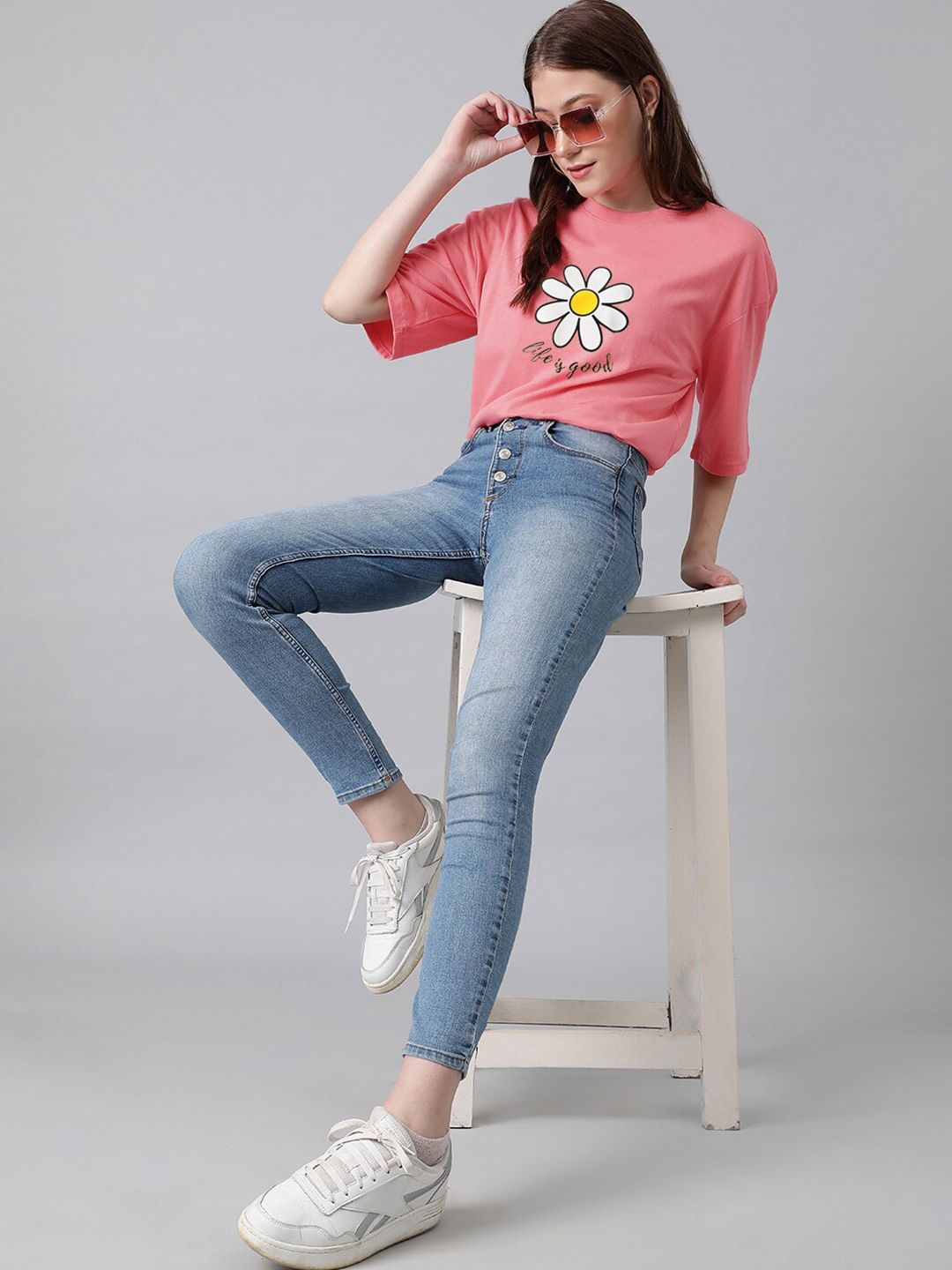 KOTTY Basics Graphic Printed Drop-Shoulder Sleeves Oversized T-shirt