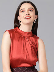 Kotty Rust High Neck Pleated Satin Regular Top