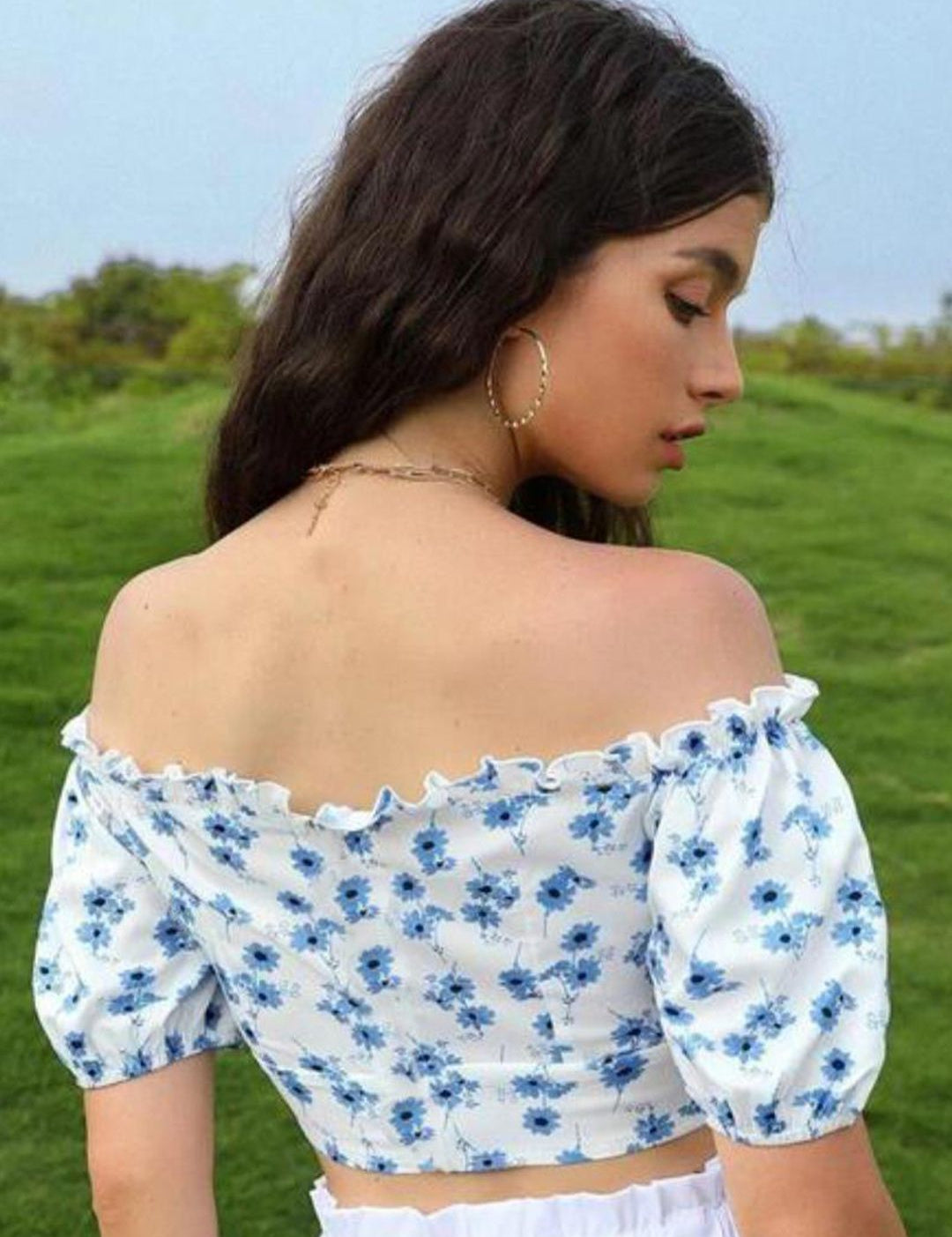 Kotty White Floral Printed Off-Shoulder Bardot Crop Top