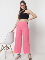 Kotty Women Pink Solid Relaxed Straight Fit High-Rise Parallel Trousers