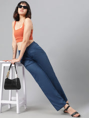 Kotty Women Teal Blue Relaxed Straight Leg Fit High-Rise Easy Wash Trousers