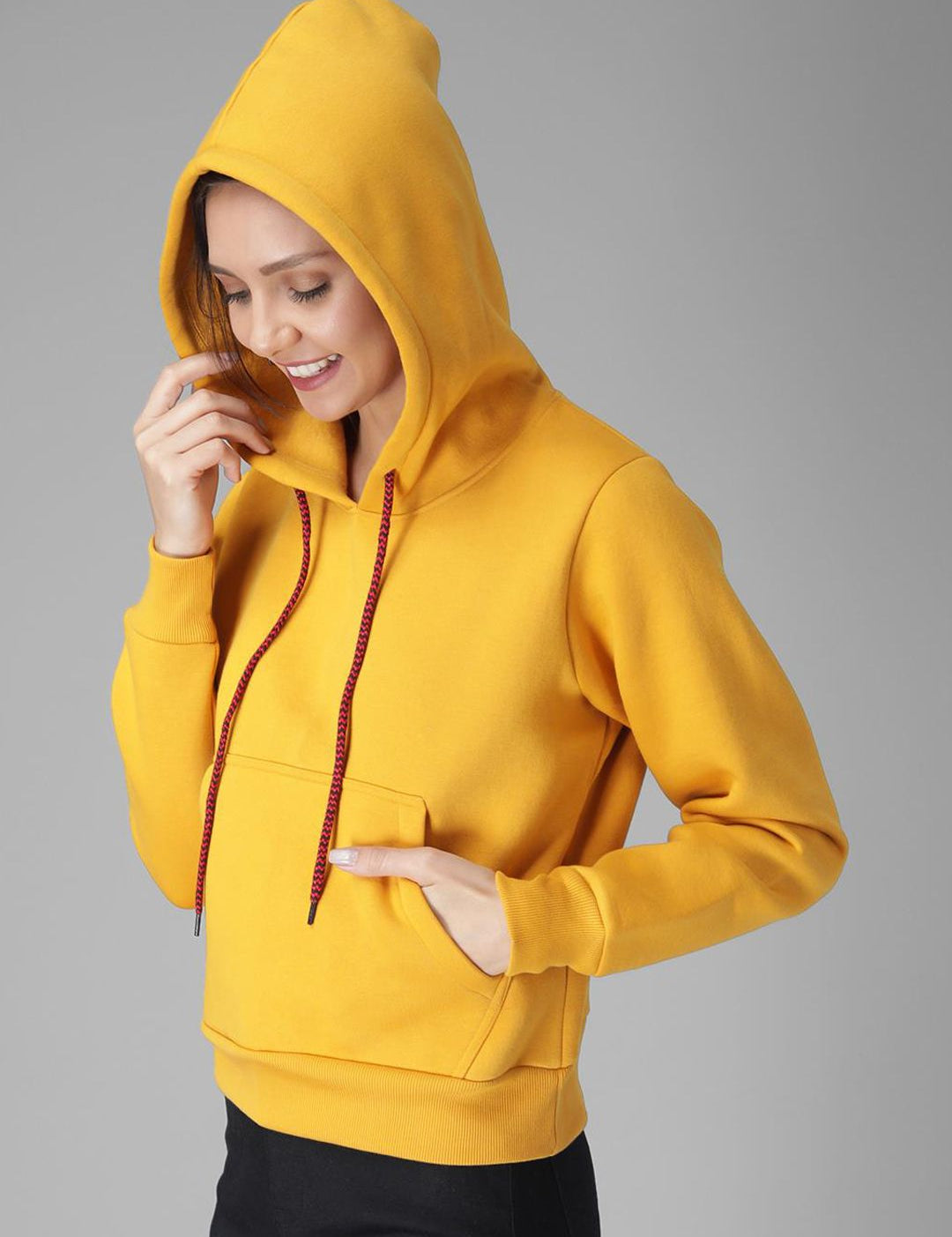 Kotty Women Yellow Solid Hooded Sweatshirt