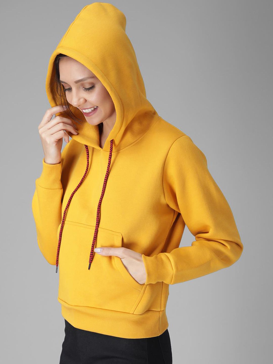 Kotty Women Yellow Solid Hooded Sweatshirt