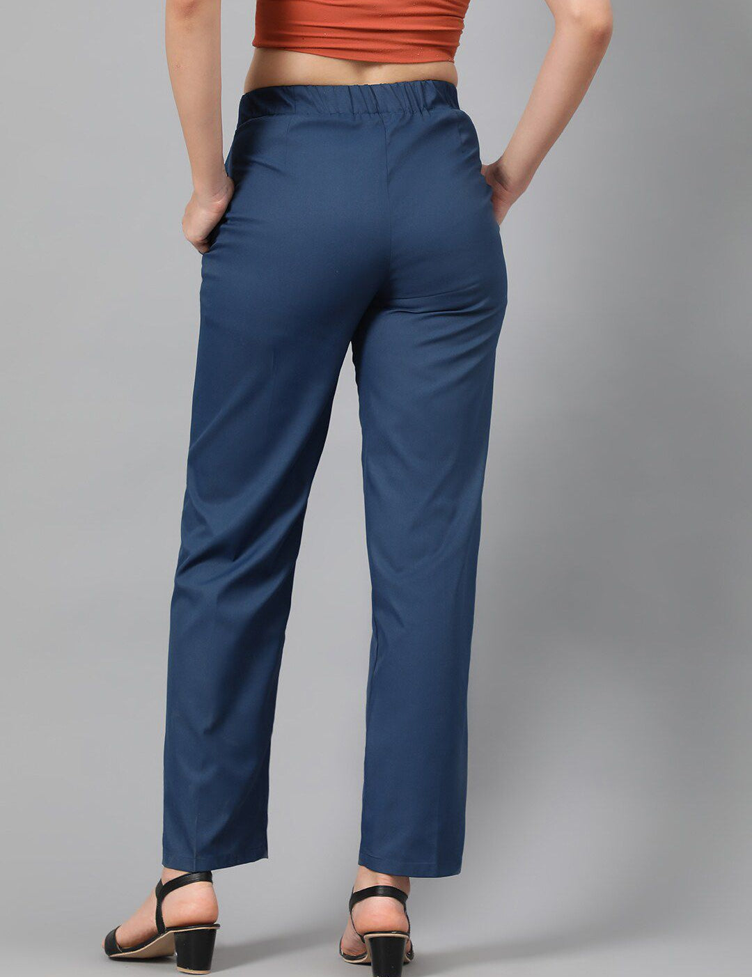 Kotty Women Teal Blue Relaxed Straight Leg Fit High-Rise Easy Wash Trousers