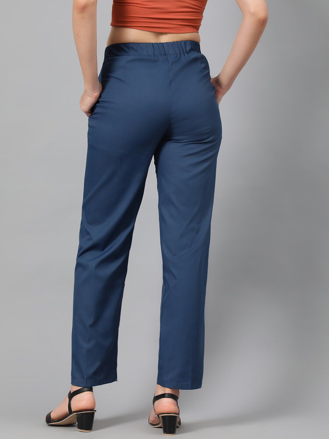Kotty Women Teal Blue Relaxed Straight Leg Fit High-Rise Easy Wash Trousers