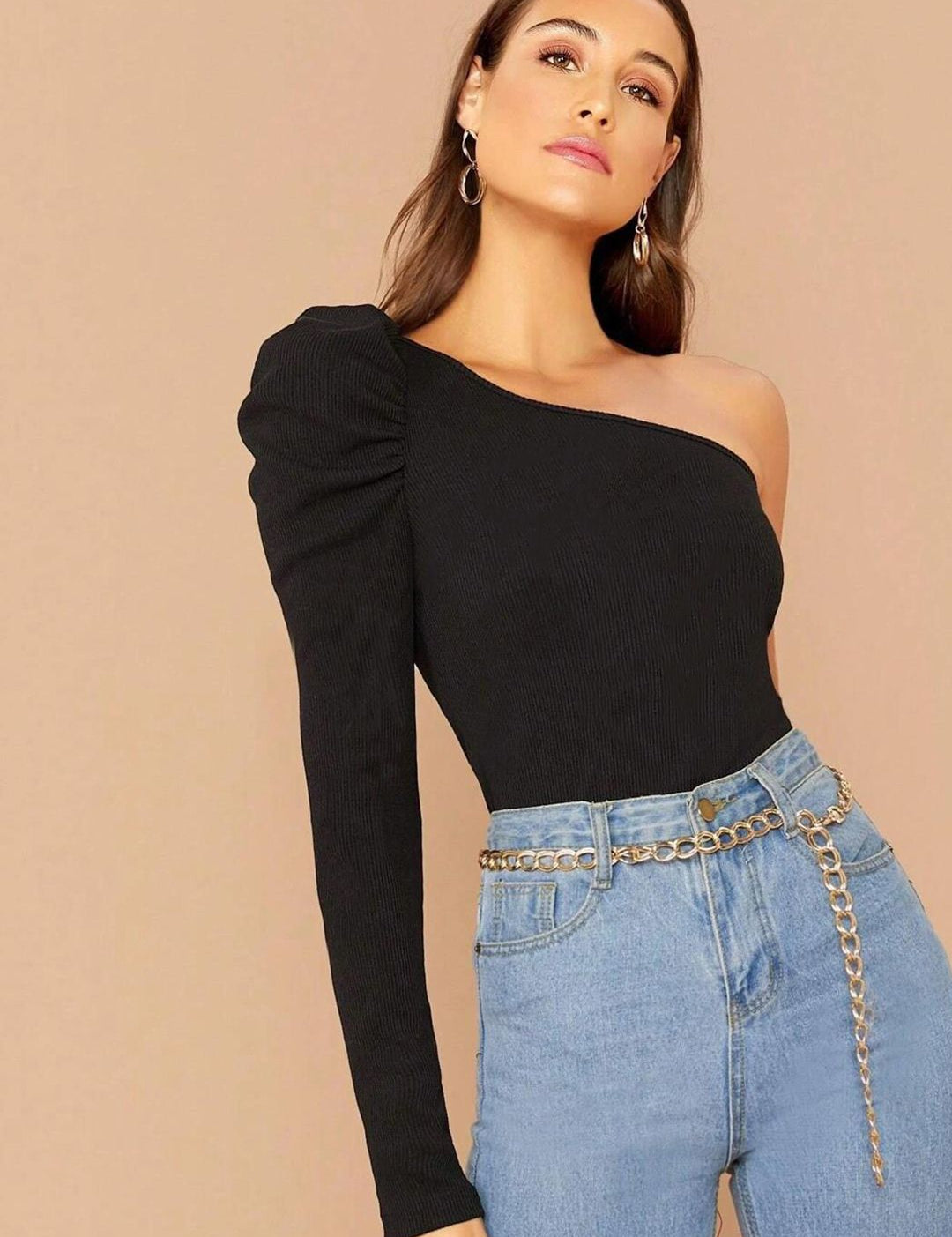 Kotty Black One Shoulder Puff Sleeve Top