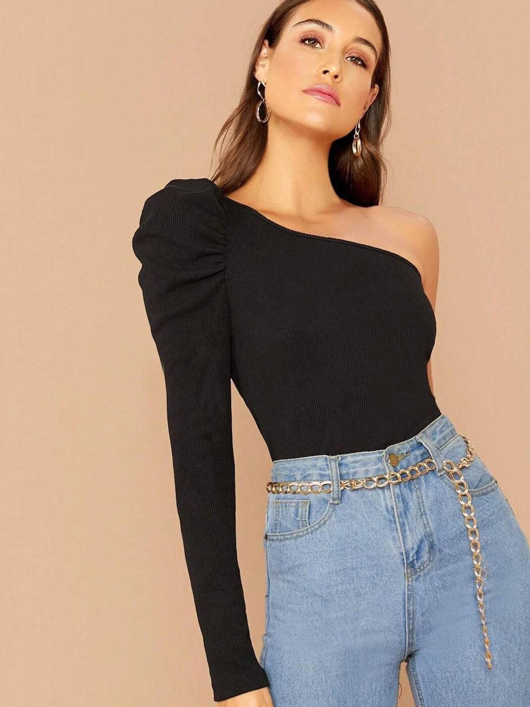 Kotty Black One Shoulder Puff Sleeve Top