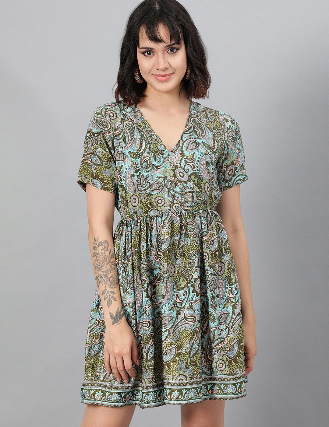 Kotty Green Ethnic Motif Printed Fit & Flare Mini Dress
