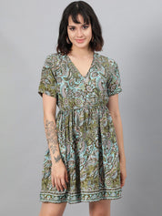 Kotty Green Ethnic Motif Printed Fit & Flare Mini Dress