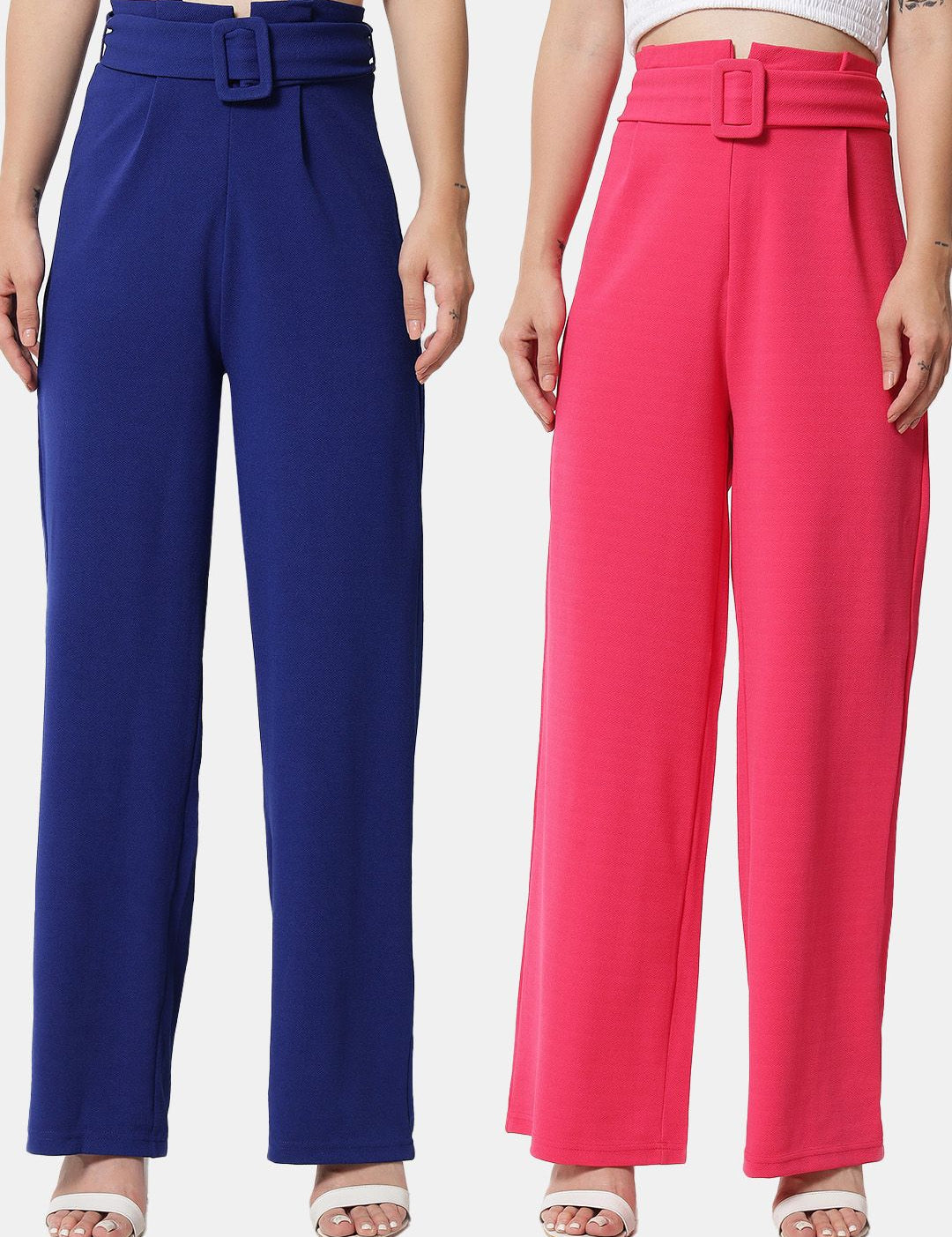 KOTTY BIZwear Women Pack Of 2 Relaxed High-Rise Straight Fit Easy Wash Pleated Trousers