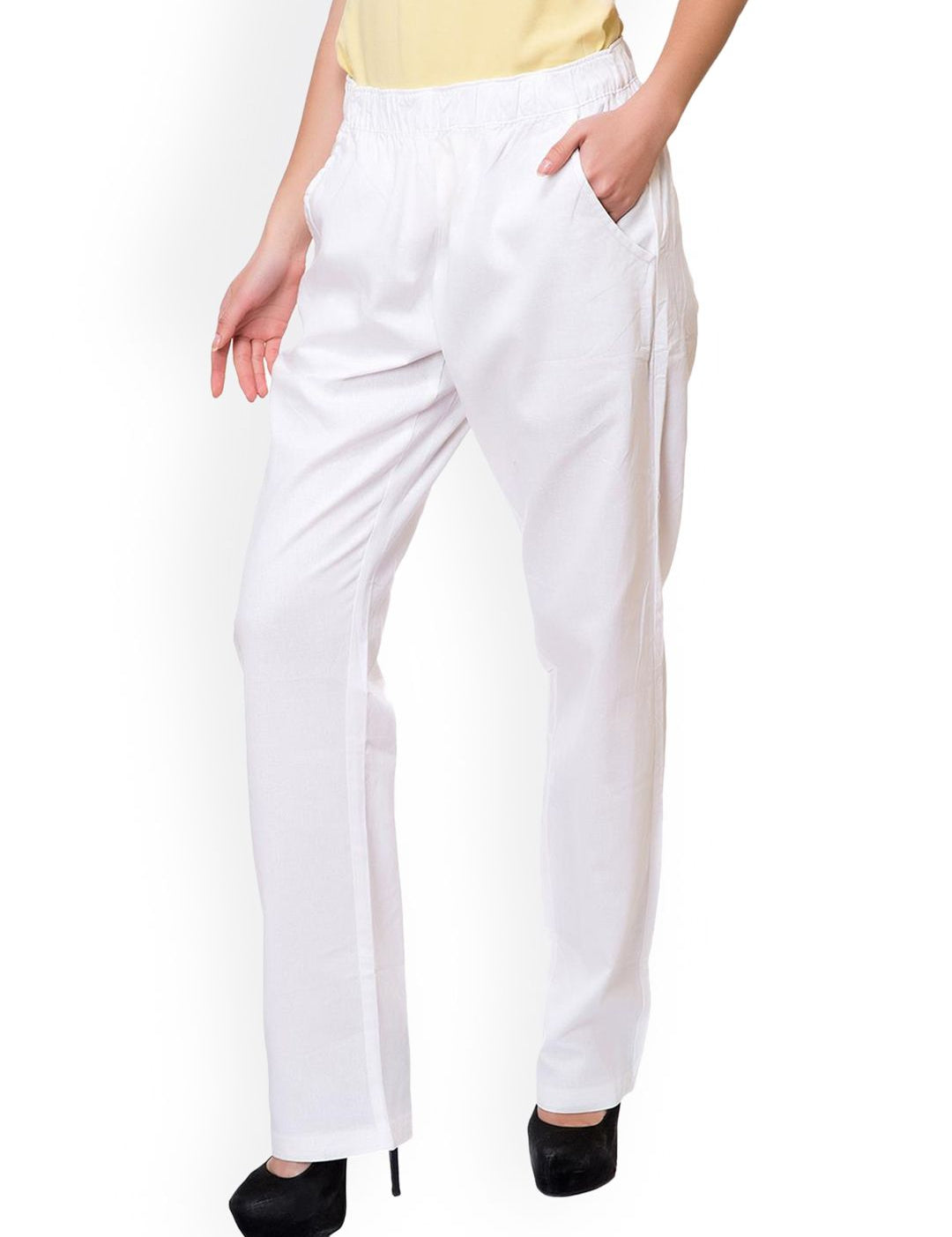 Kotty Women White Regular Fit Solid Linen Regular Trousers
