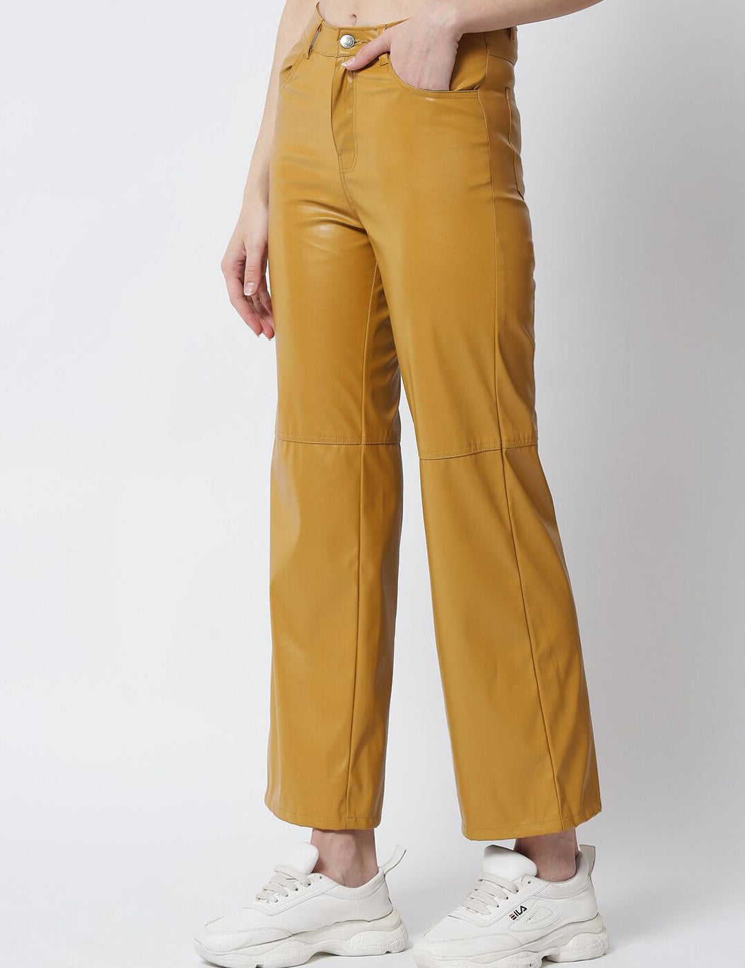 Kotty Women Yellow Solid Relaxed Straight Fit Leather Trousers