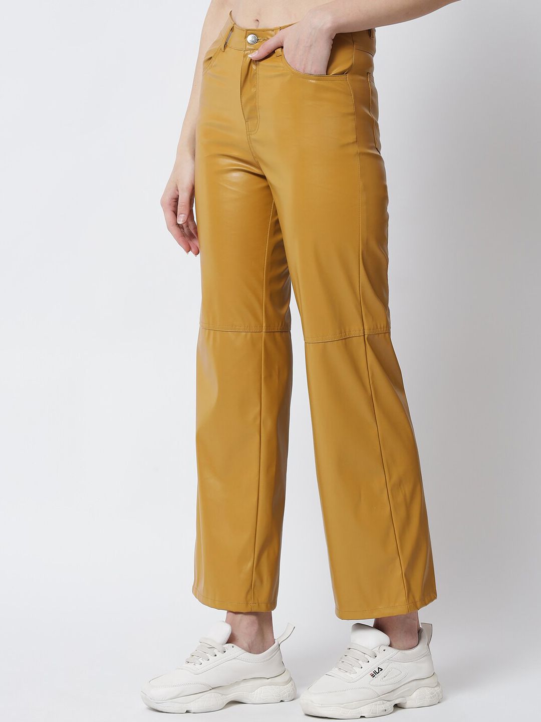 Kotty Women Yellow Solid Relaxed Straight Fit Leather Trousers