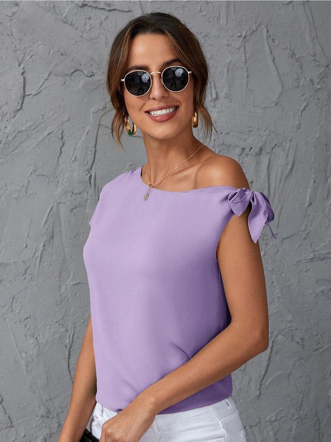Kotty Purple One Shoulder Tie Up Extended Sleeves Regular Top
