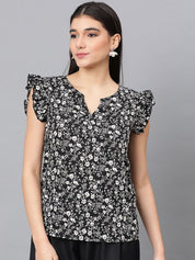 Kotty Floral Printed Round Neck Crepe Top