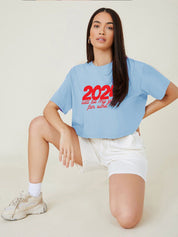 Kotty Typography Printed Round Neck Crop Oversized T-shirt