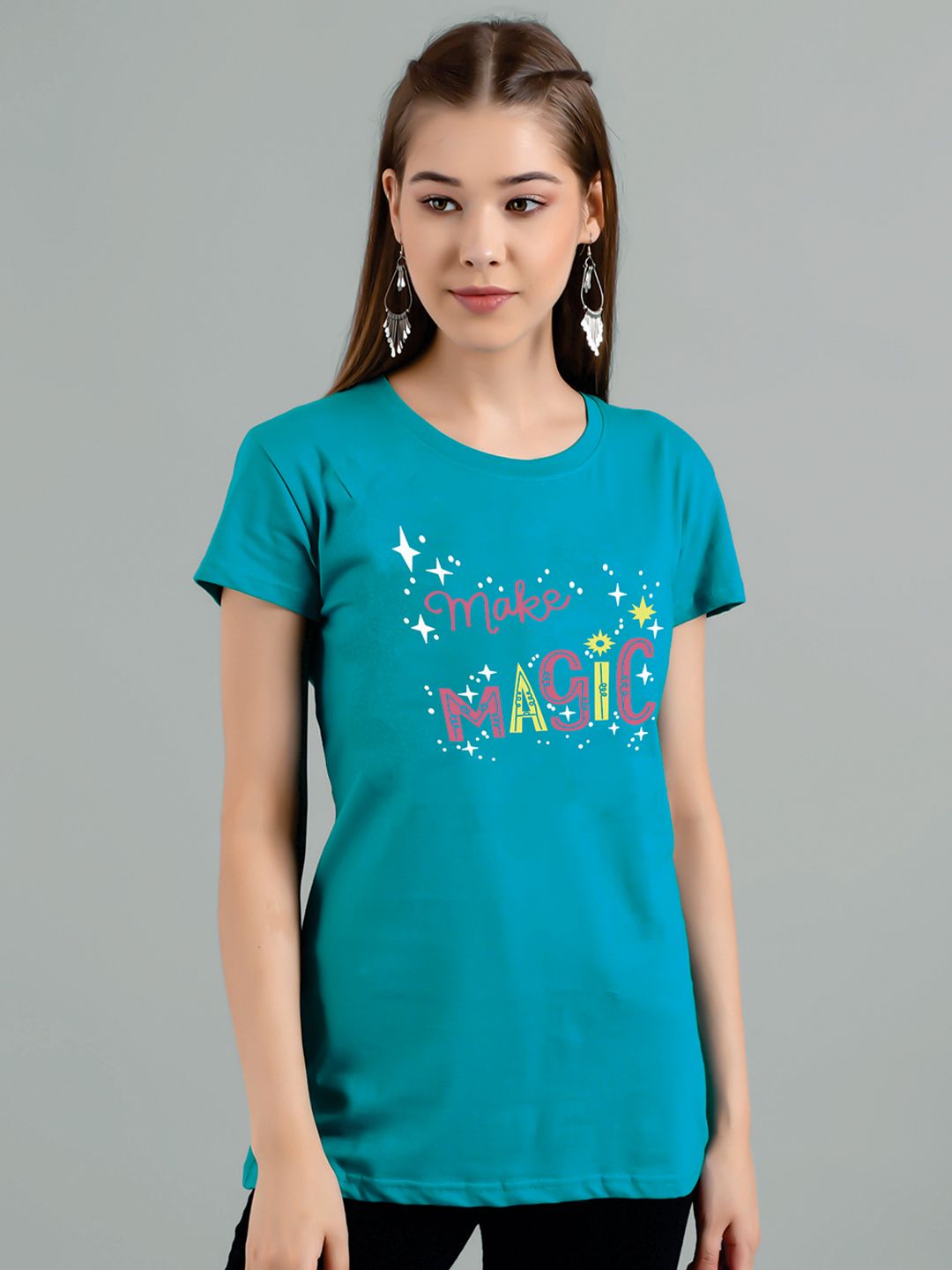 Kotty Women Blue Printed Applique T-shirt