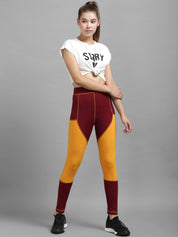 Kotty Women Yellow & Maroon Colourblocked Tights