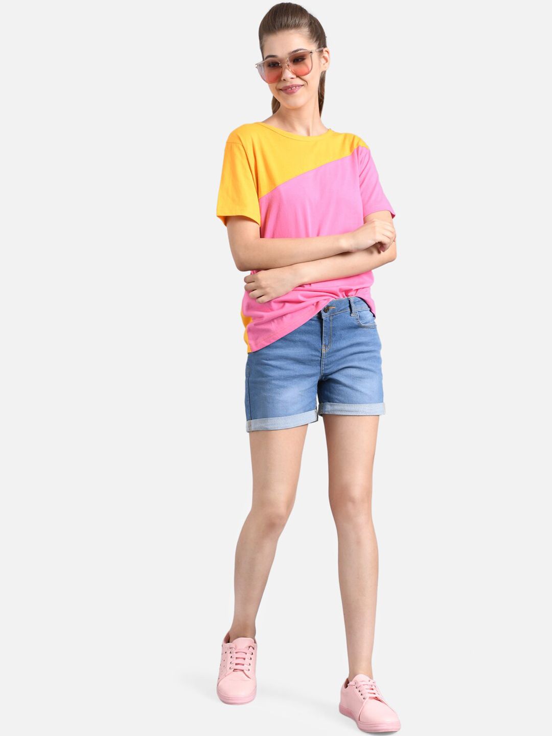 Kotty Women Pink & Mustard Yellow Colourblocked Round Neck T-shirt