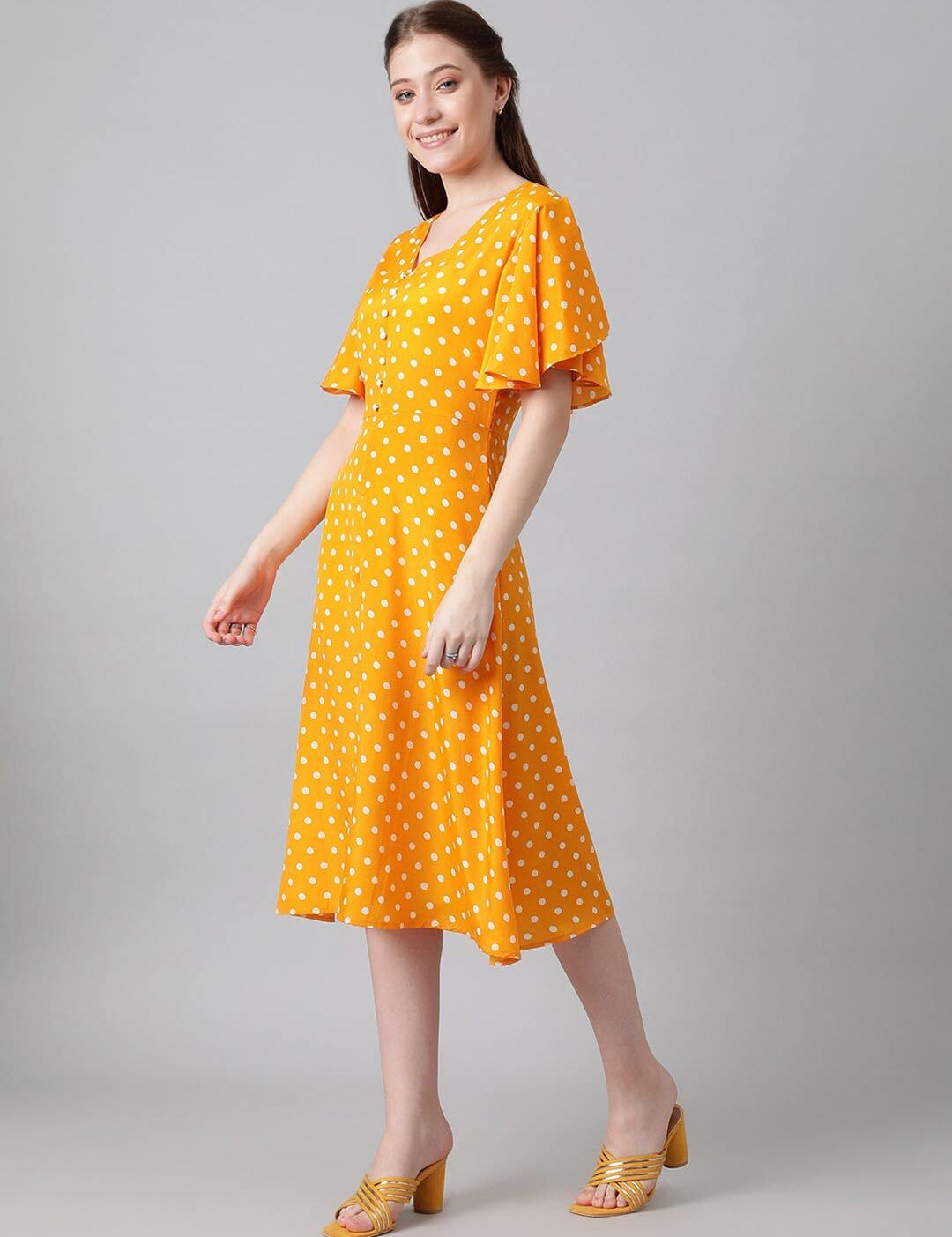 Kotty Yellow & White Polka Dots Printed Flared Sleeves A-Line Midi Dress