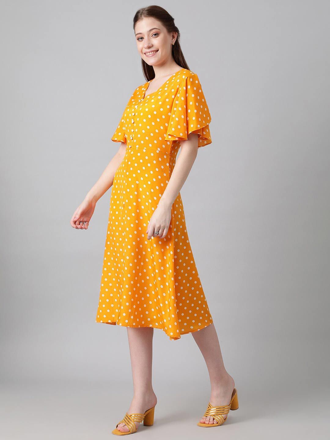 Kotty Yellow & White Polka Dots Printed Flared Sleeves A-Line Midi Dress