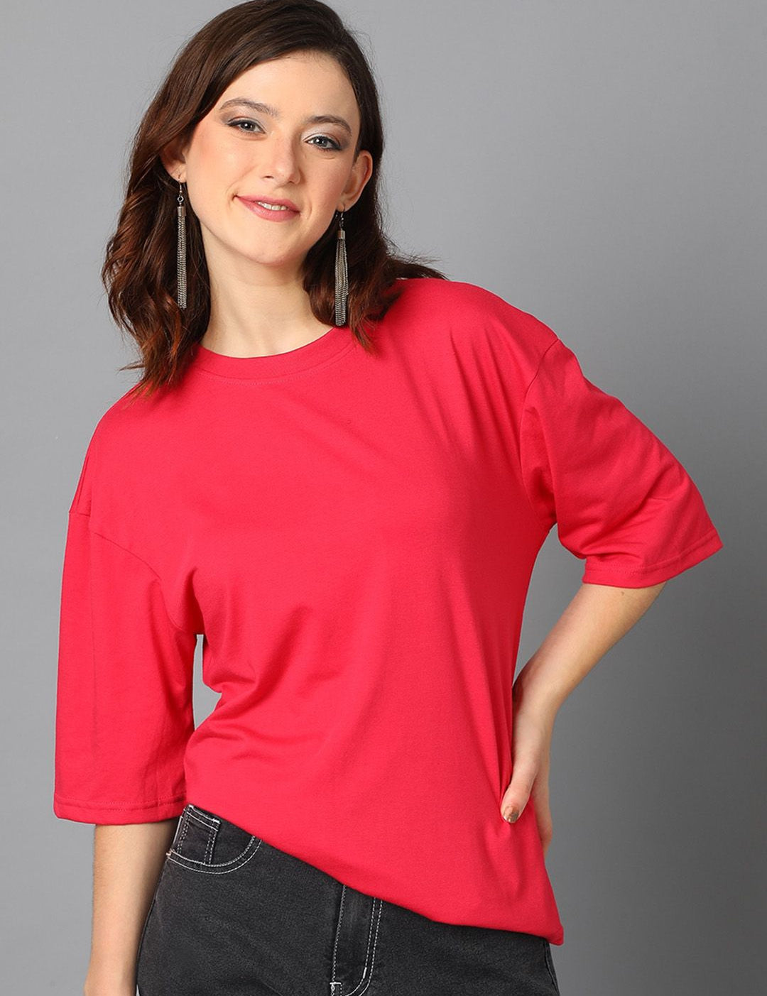 KOTTY Basics Round Neck Drop-Shoulder Sleeves Oversized T-shirt