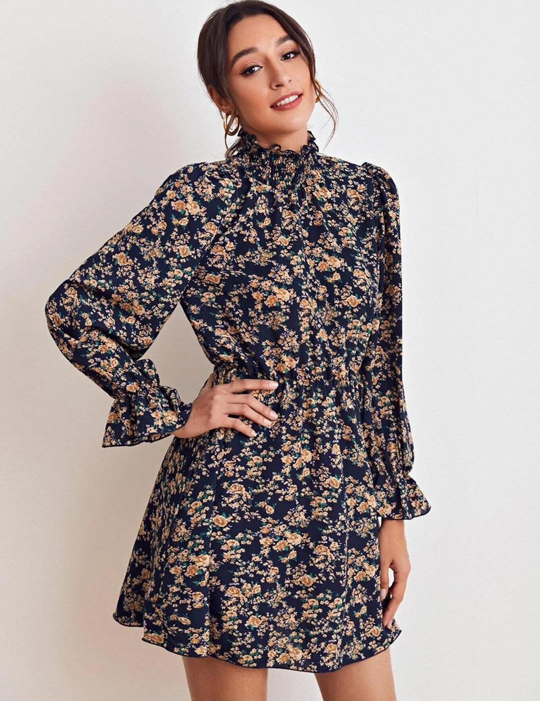 Kotty Navy Blue & Beige Floral Printed Bell Sleeves Fit & Flare Dress