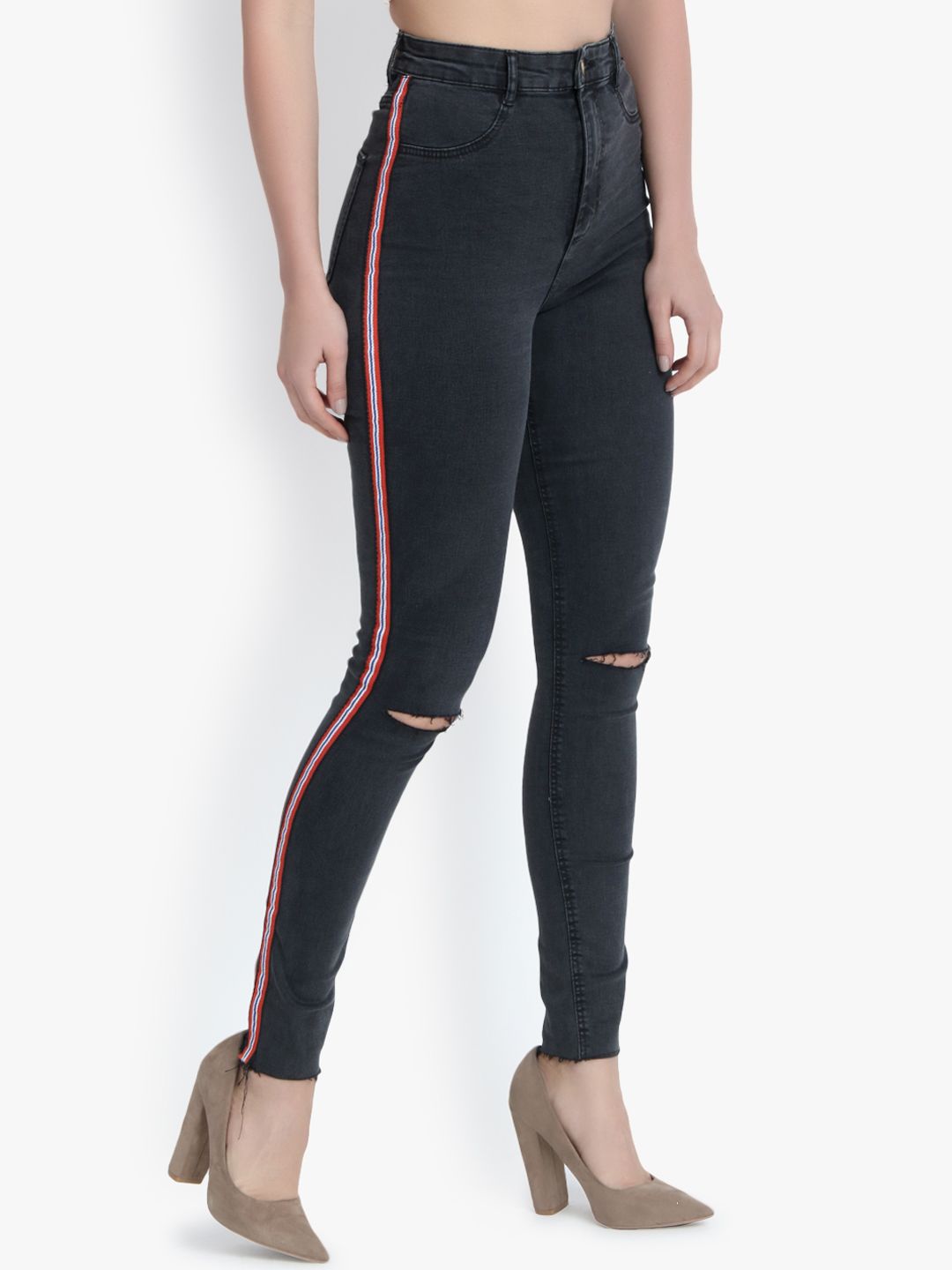 Kotty Women Black Skinny Fit High-Rise Slash Knee Stretchable Jeans