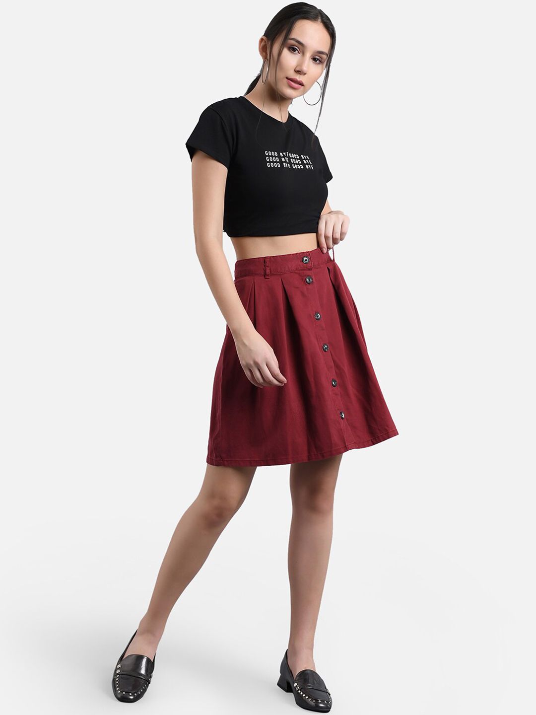 Kotty Women Maroon Solid Denim A-Line Mini Skirt