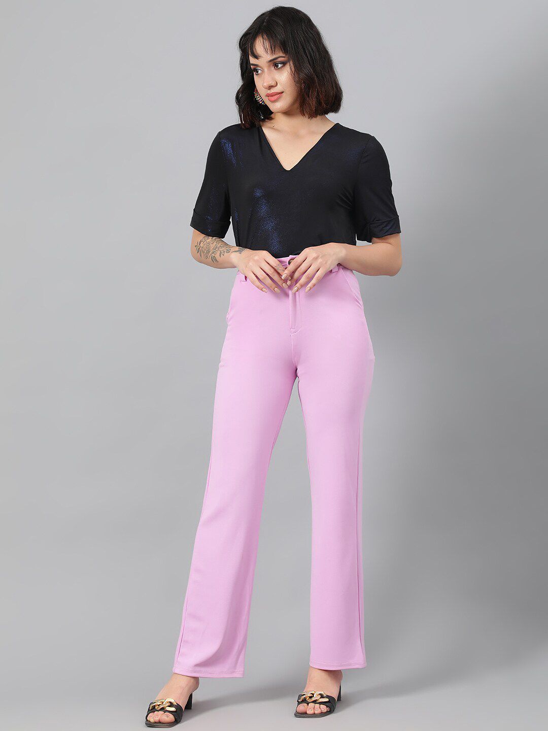 Kotty Women Purple Relaxed Straight Leg Fit High-Rise Easy Wash Trousers
