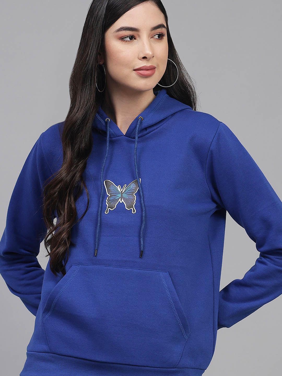 Kotty Women Blue & Black Butterfly Printed Hooded Sweatshirt