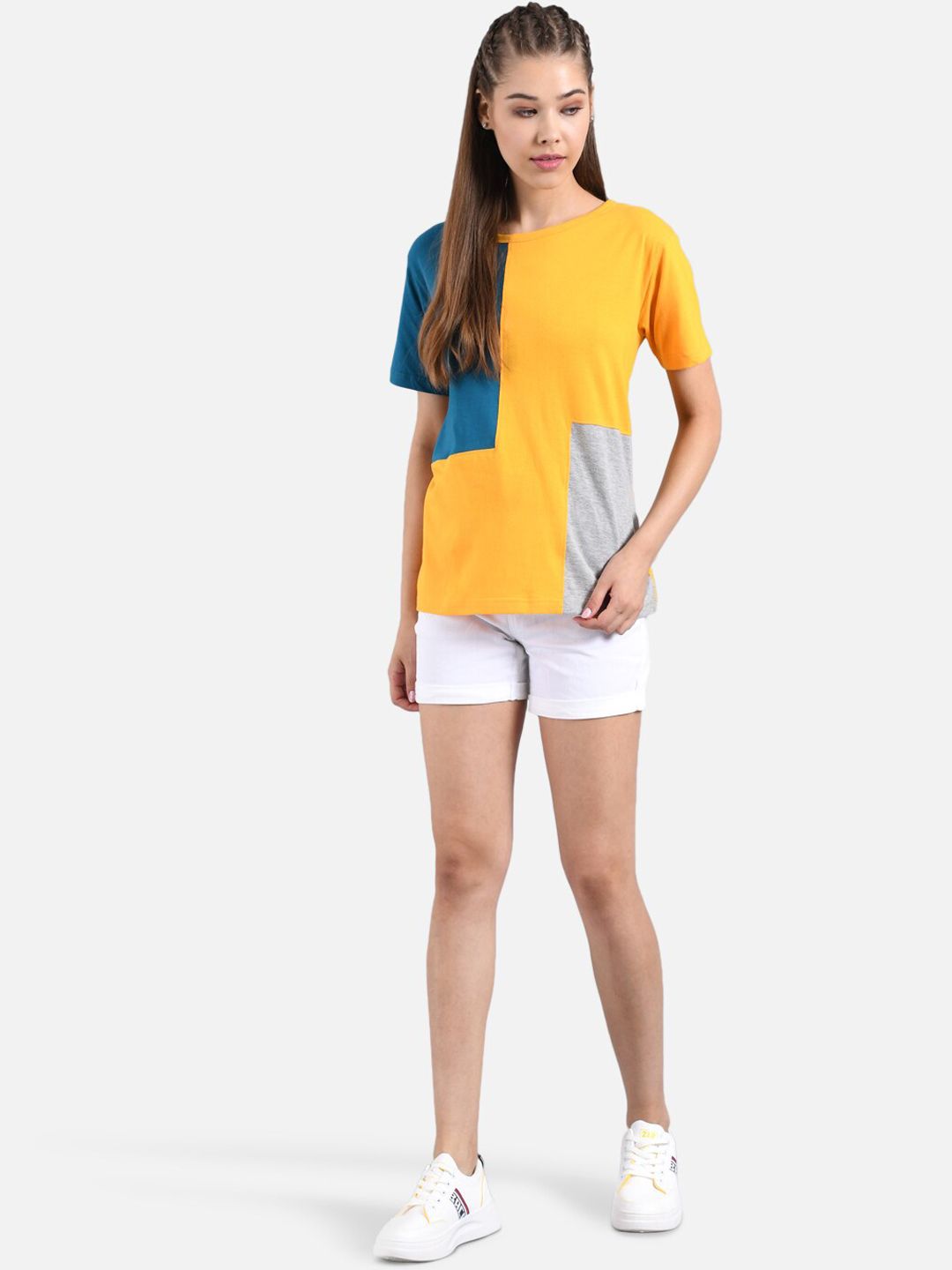Kotty Women Yellow & Navy Blue Colourblocked Round Neck T-shirt