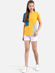 Kotty Women Yellow & Navy Blue Colourblocked Round Neck T-shirt