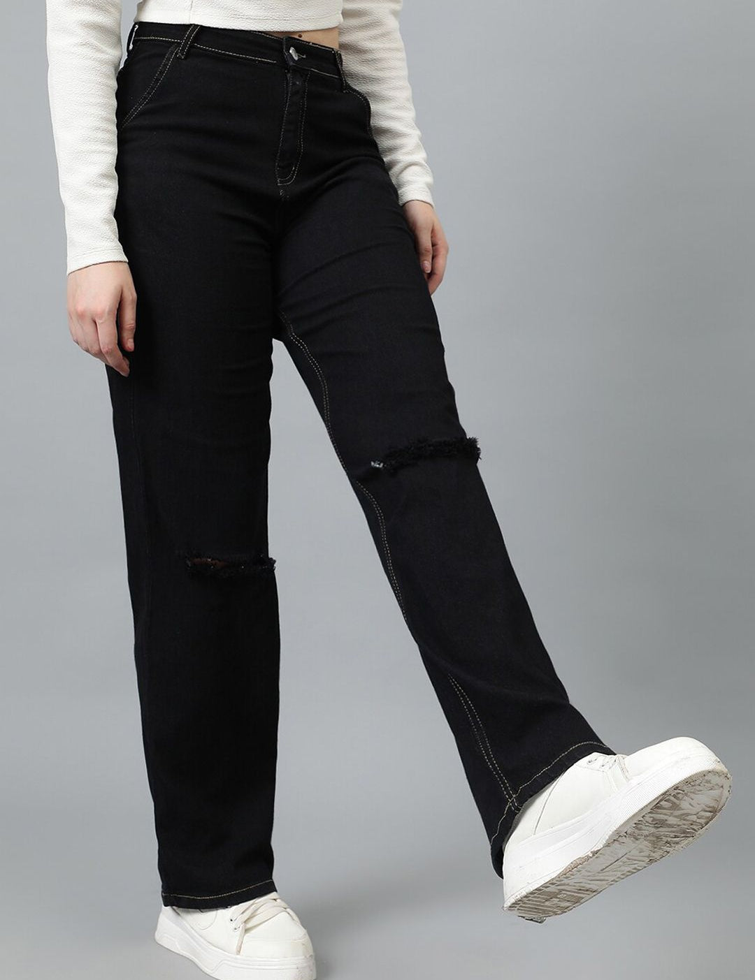 Kotty Women Jean Straight Fit High-Rise Slash Knee Stretchable Jeans