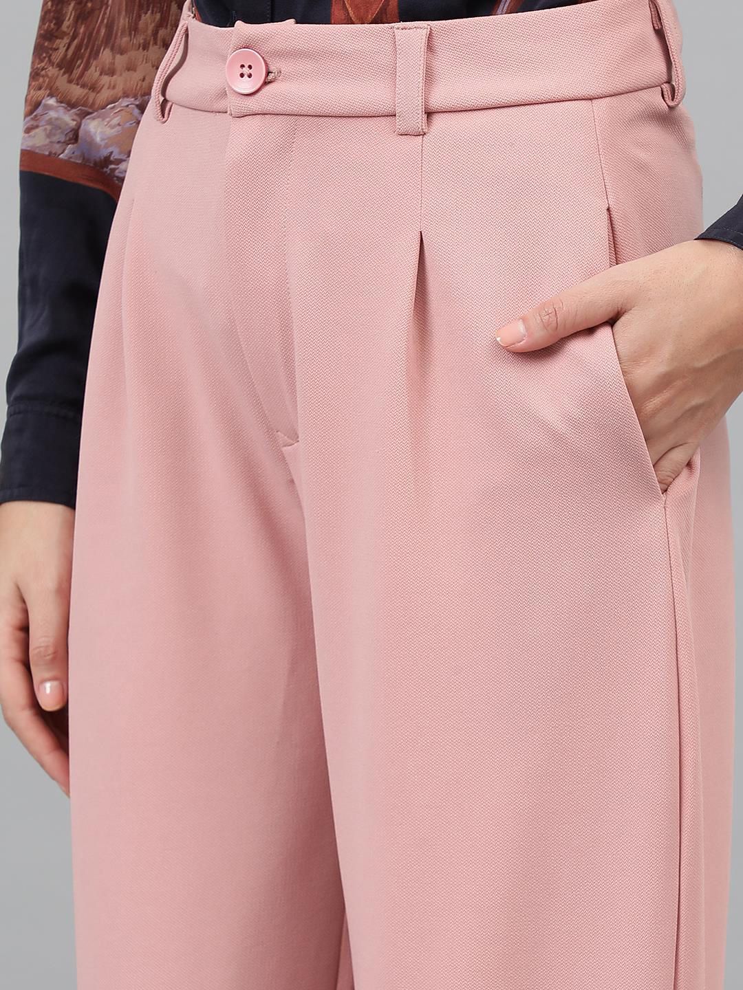 Kotty Women Pink Relaxed Straight Leg Straight Fit High-Rise Easy Wash Pleated Trousers