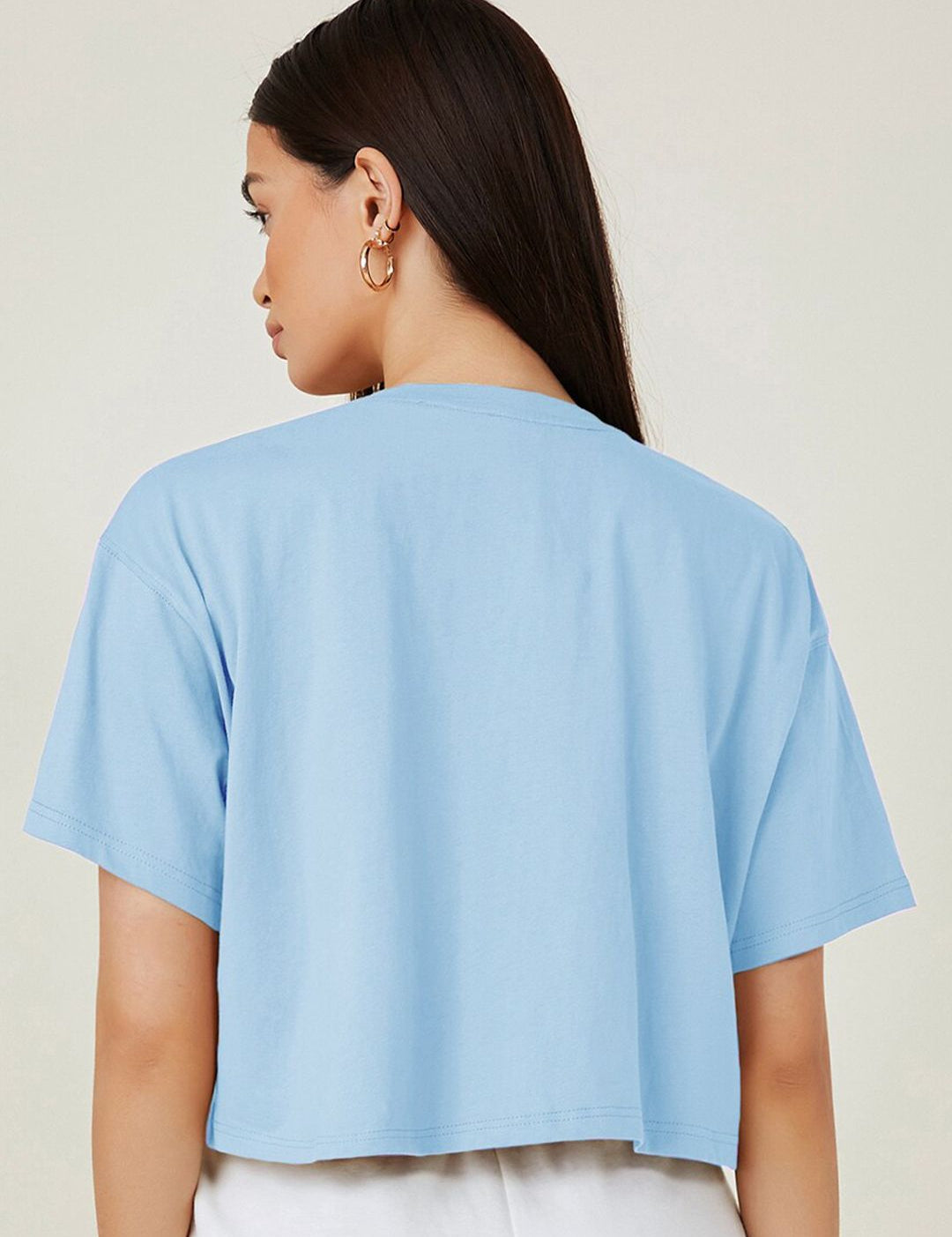 Kotty Blue Typography Printed Drop-Shoulder Sleeves Cotton Oversized Crop T-shirt