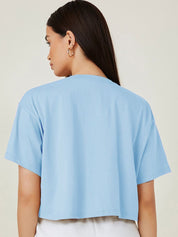 Kotty Blue Typography Printed Drop-Shoulder Sleeves Cotton Oversized Crop T-shirt