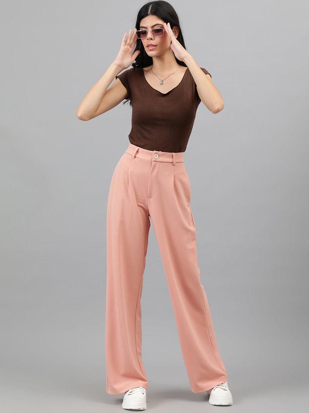 Kotty Women Pink Relaxed Straight Leg Straight Fit High-Rise Easy Wash Pleated Trousers