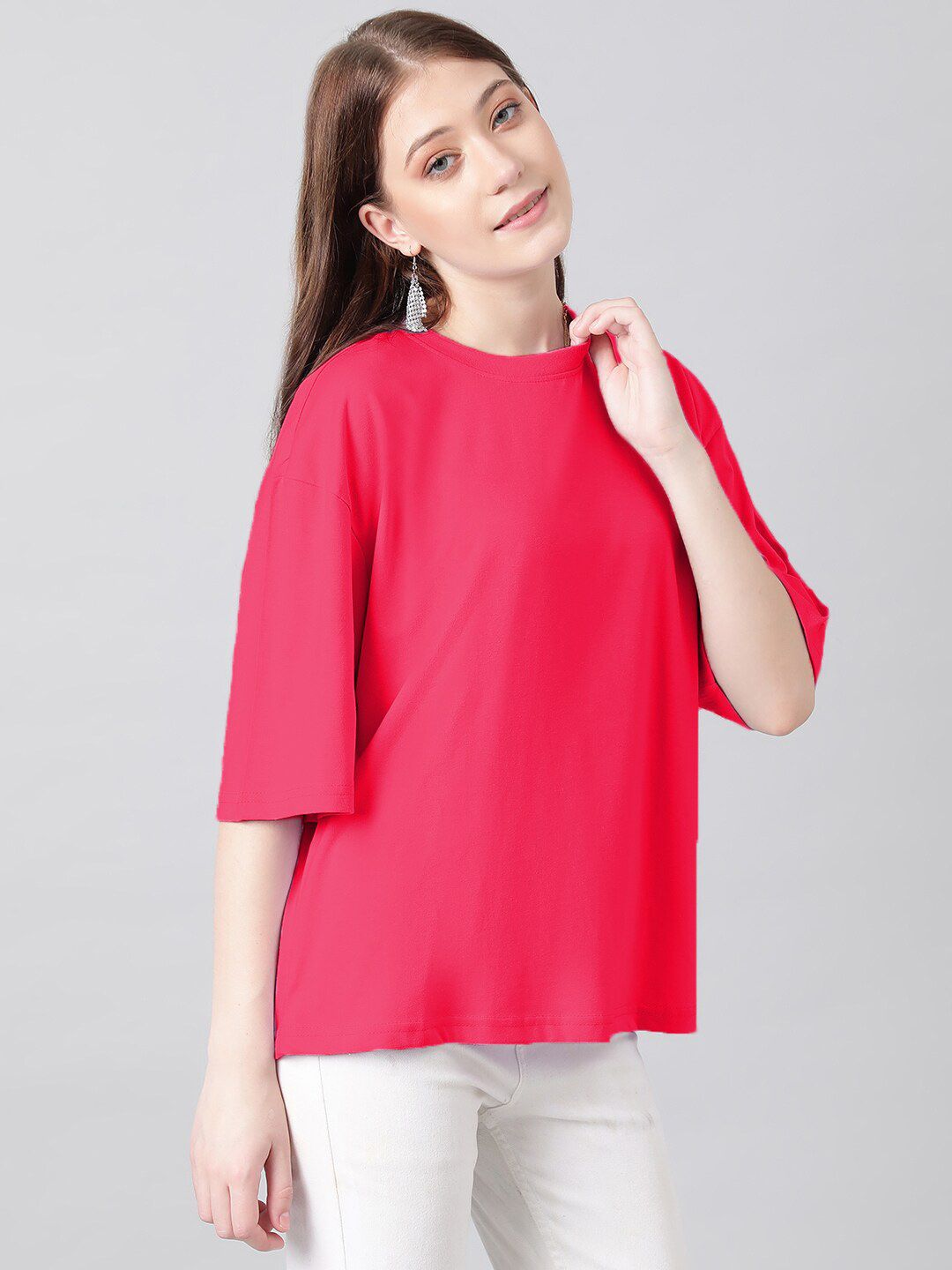 KOTTY Basics Round Neck Drop-Shoulder Sleeves Oversized Fit Cotton T-Shirt
