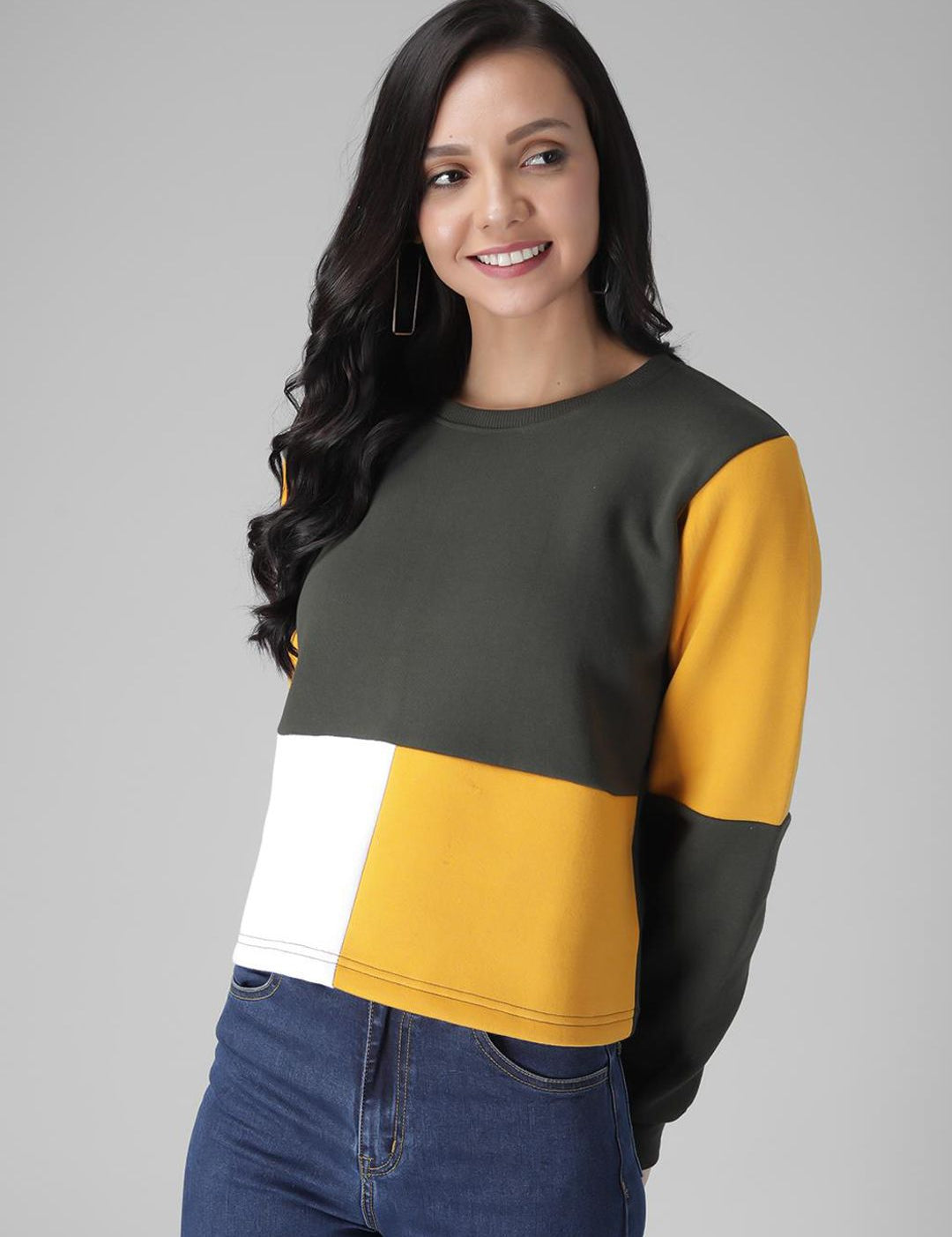 Kotty Women Olive Green & Yellow Colourblocked Sweatshirt