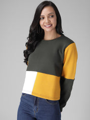 Kotty Women Olive Green & Yellow Colourblocked Sweatshirt