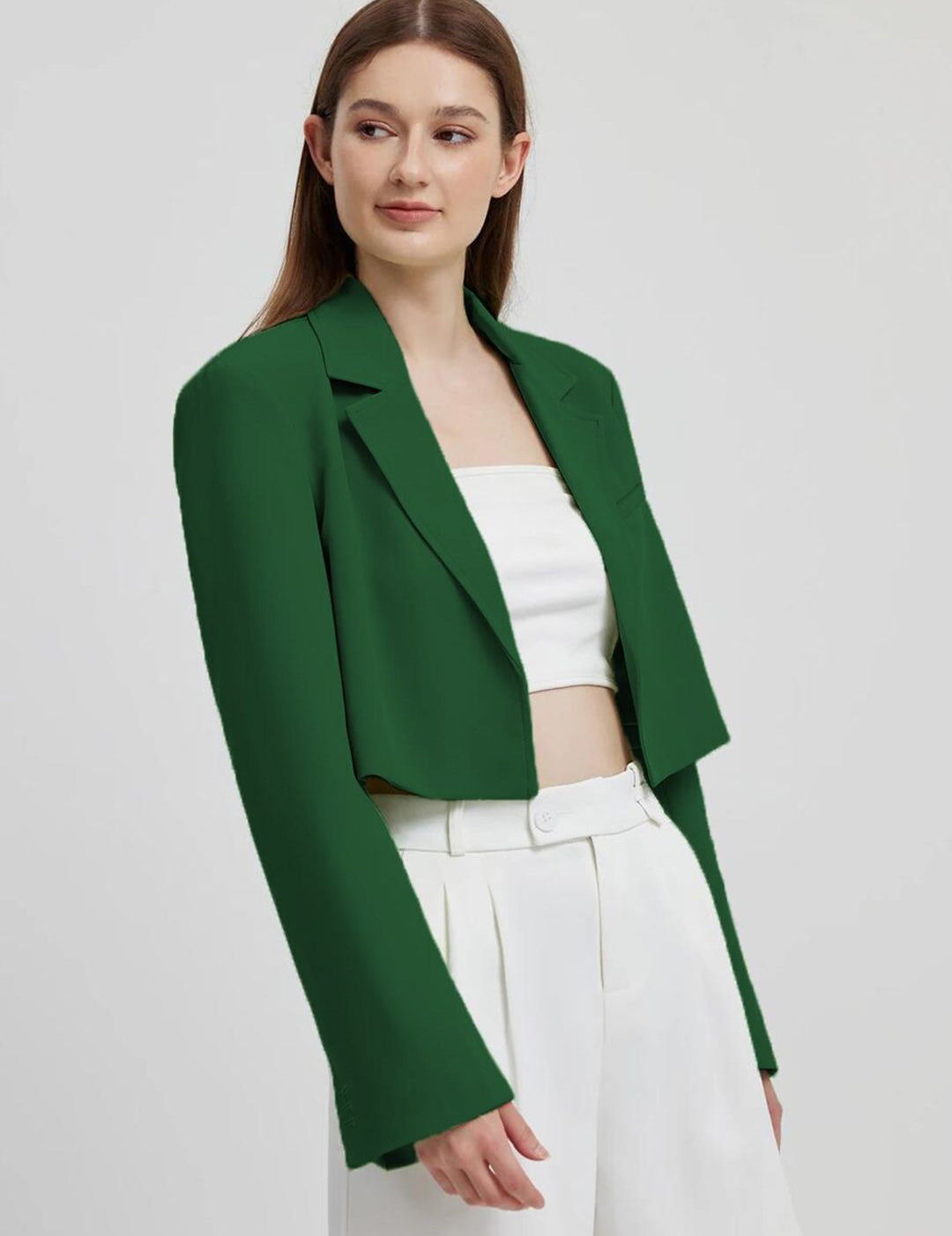 Kotty Green Crop Notched Lapel Collar Regular Fit Blazer