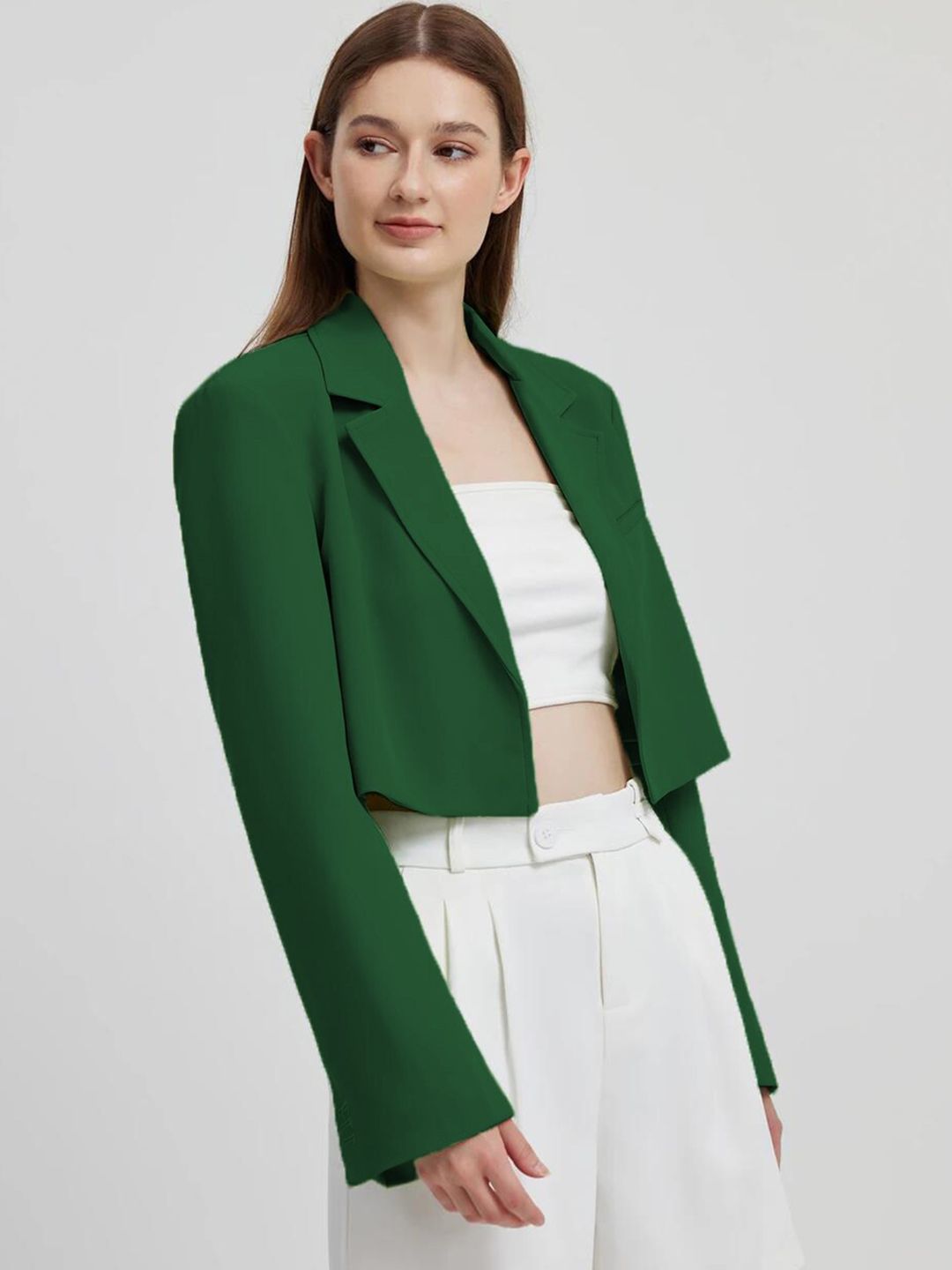 Kotty Green Crop Notched Lapel Collar Regular Fit Blazer