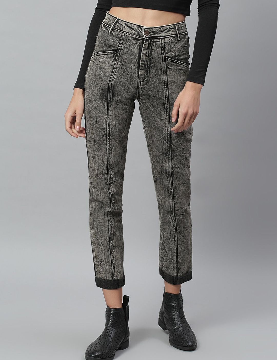 Kotty Women Charcoal Grey Washed Cotton High-Rise Slim Fit Jeans