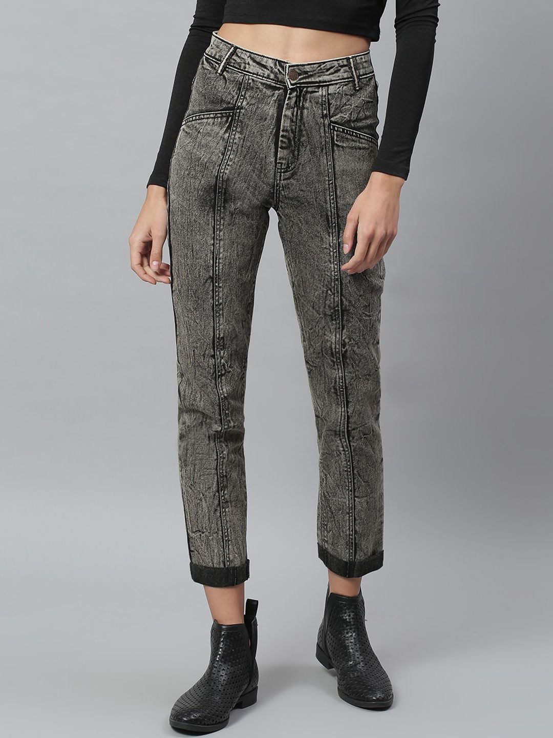 Kotty Women Charcoal Grey Washed Cotton High-Rise Slim Fit Jeans